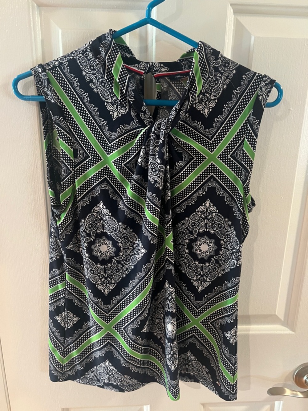 Tommy Hilfiger Sleeveless Navy Paisley Twist Top with Lime Accents